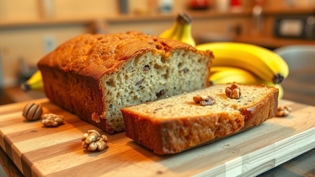 Moist and Tasty Banana Bread Recipe A golden brown loaf of banana bread with sliced pieces on a wooden board, surrounded by ripe bananas and walnuts.